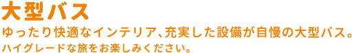 大型バス ゆったり快適なインテリア、充実した設備が自慢の大型バス。ハイグレードな旅をお楽しみください。